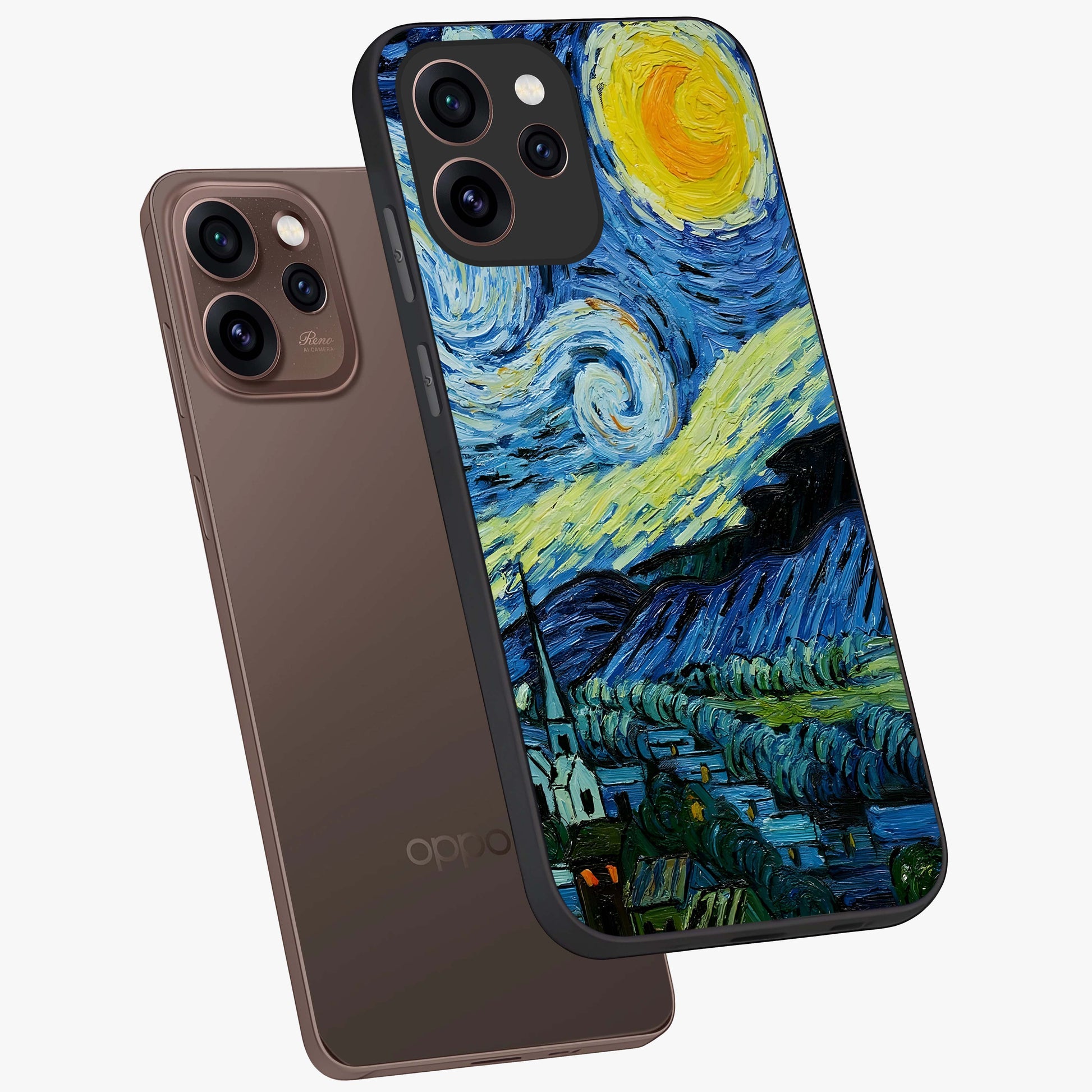 Van Gogh Art Glass Case displayed in angled mockup highlighting swirling brushstroke design with artistic aesthetic.