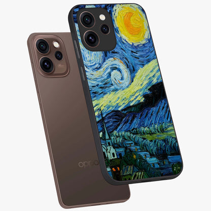 Van Gogh Art Glass Case displayed in angled mockup highlighting swirling brushstroke design with artistic aesthetic.