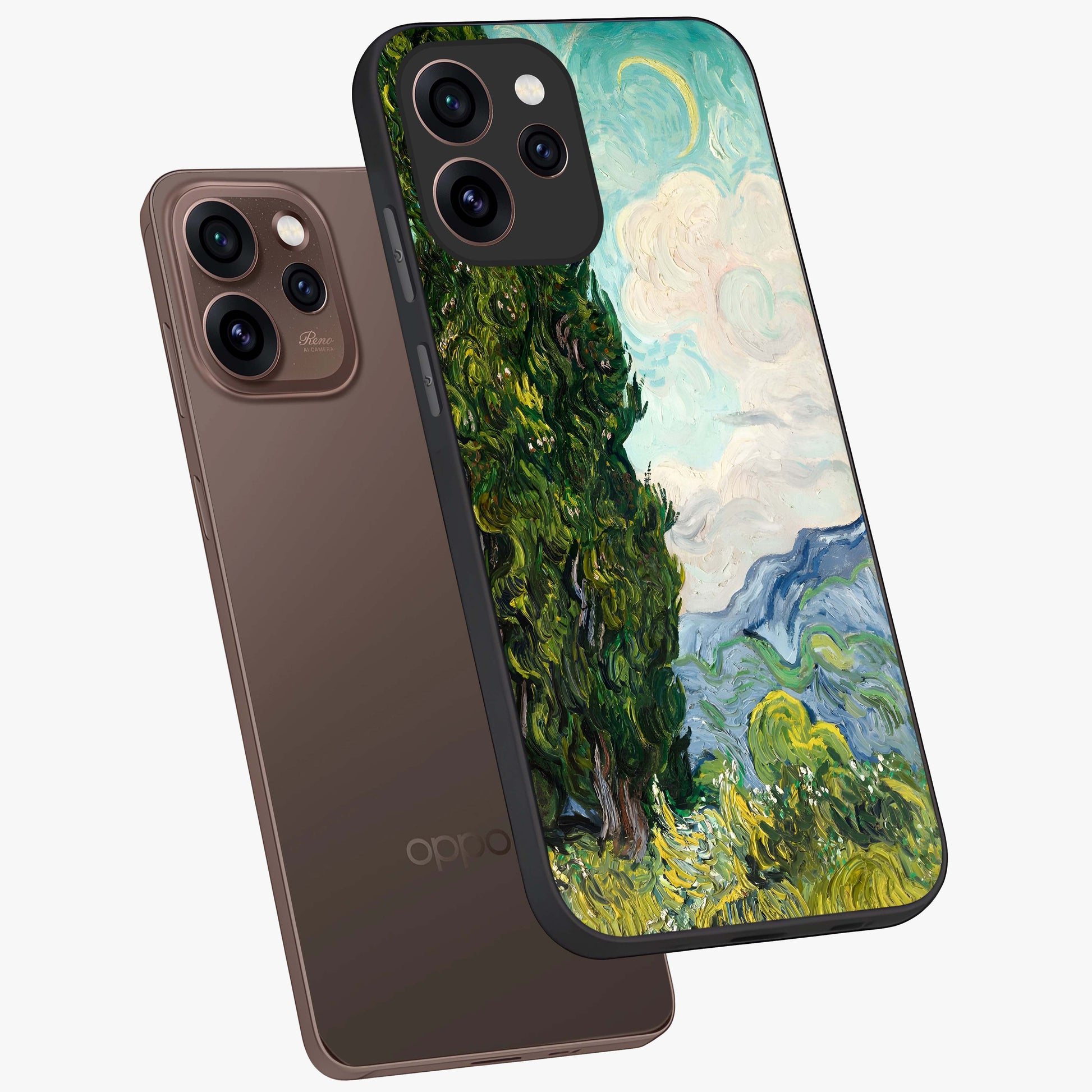 Van Gogh Vintage Art Glass Case displayed in angled mockup highlighting textured brushstroke design with classic aesthetic.