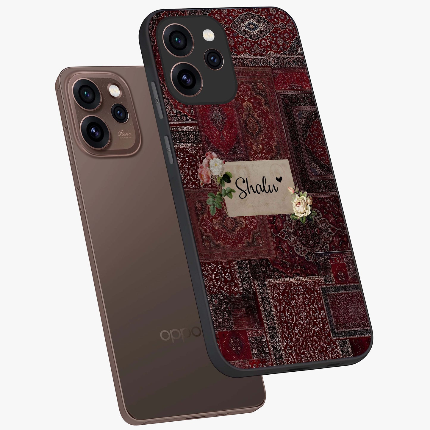 Velvet Wine Pattern Custom Name Glass Case displayed in angled mockup highlighting decorative velvet inspired design with custom name feature.