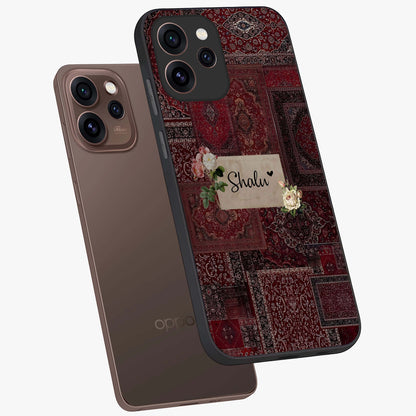 Velvet Wine Pattern Custom Name Glass Case displayed in angled mockup highlighting decorative velvet inspired design with custom name feature.