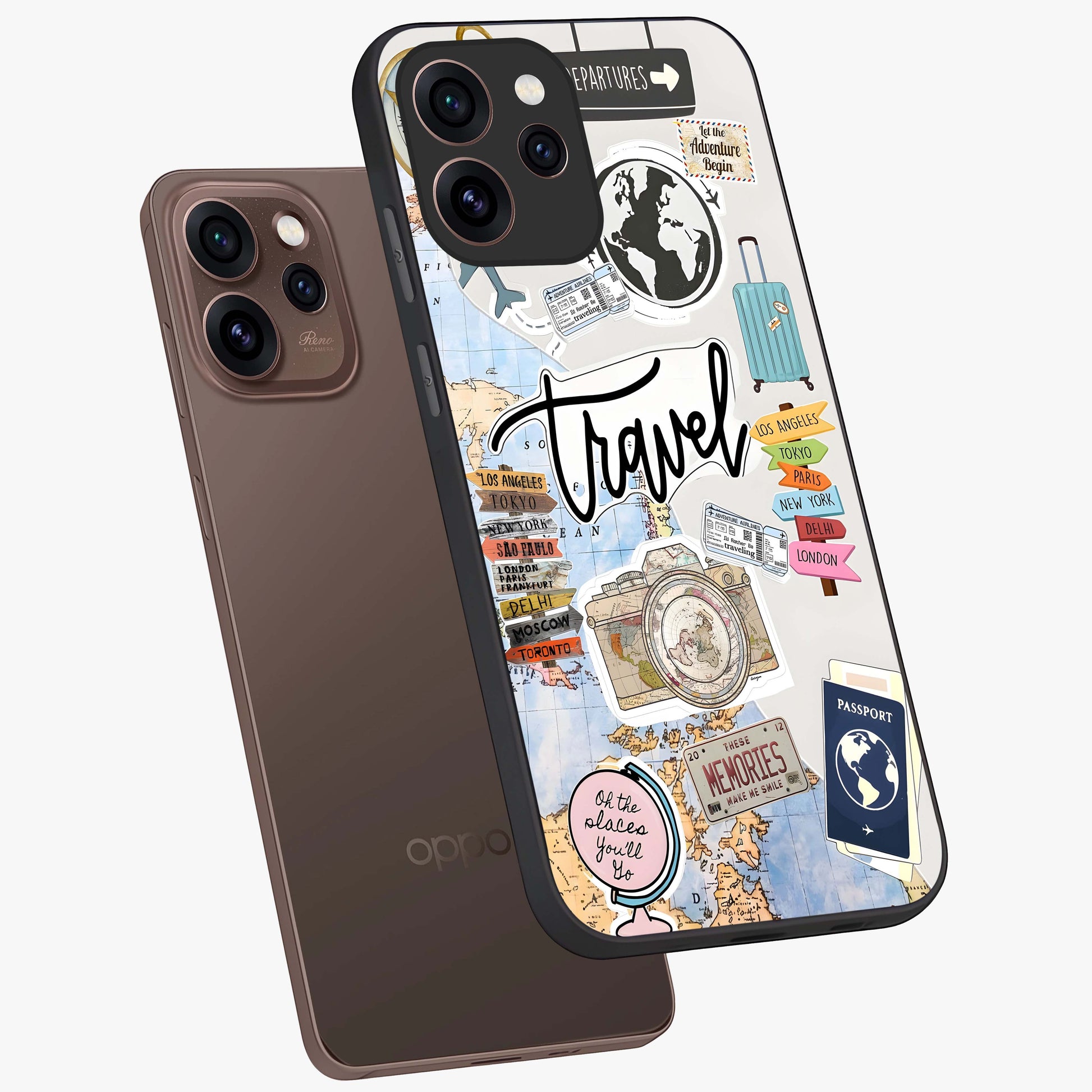 Wanderlust Journal Glass Case displayed in angled mockup highlighting adventure themed design with aesthetic travel vibe.
