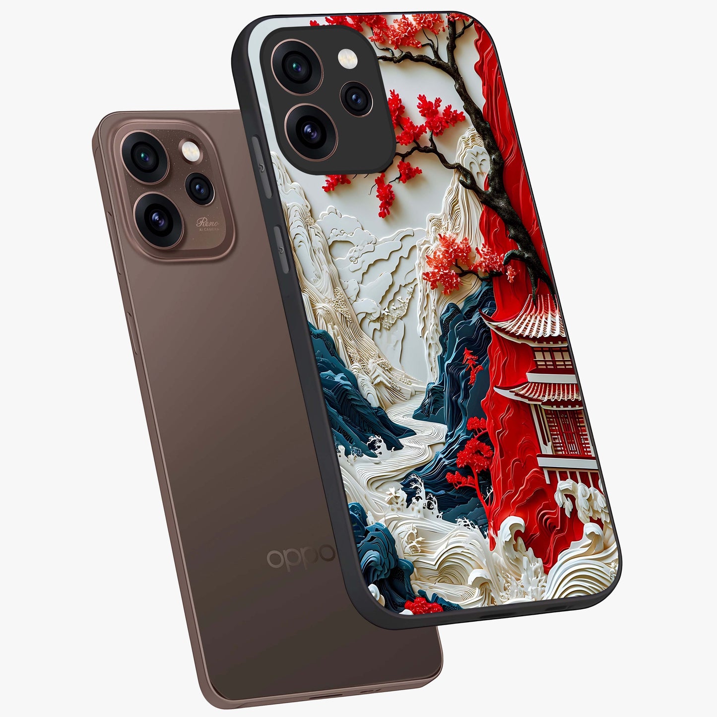Whispers Of Sakura Waves Glass Case displayed in angled mockup highlighting flowing sakura design with soft floral aesthetic.