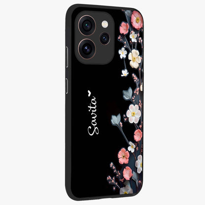 Black Elegance Floral Custom Name Glass Case upright view showcasing luxurious black floral design with personalized name detail.