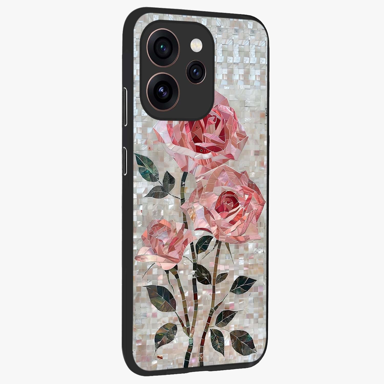 Blush Mosaic Bloom Glass Case upright view showcasing decorative floral mosaic artwork with stylish modern aesthetic.