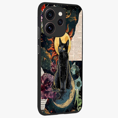 Celestial Black Cat Glass Case upright view showcasing magical black cat illustration with starry cosmic theme.