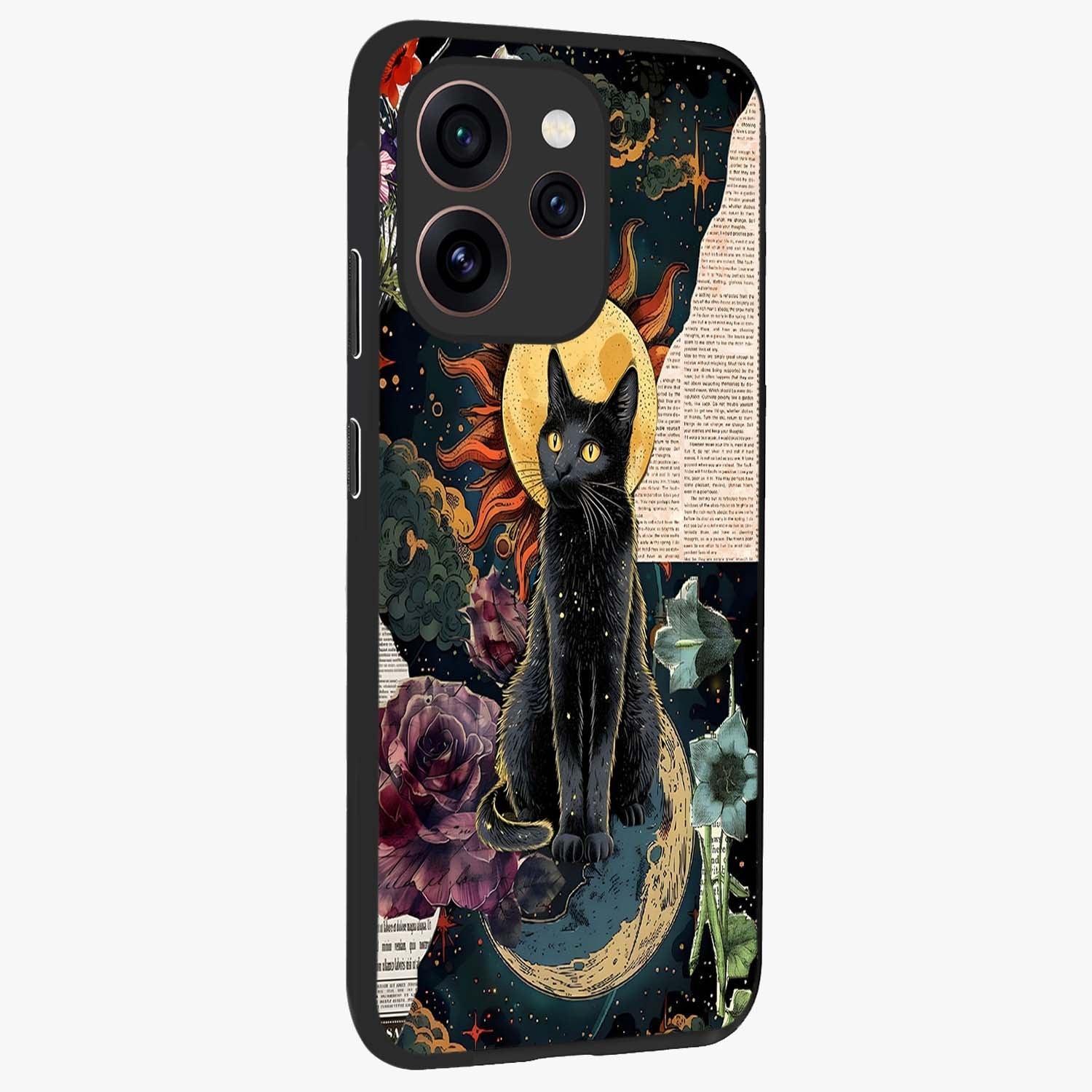 Celestial Black Cat Glass Case upright view showcasing magical black cat illustration with starry cosmic theme.