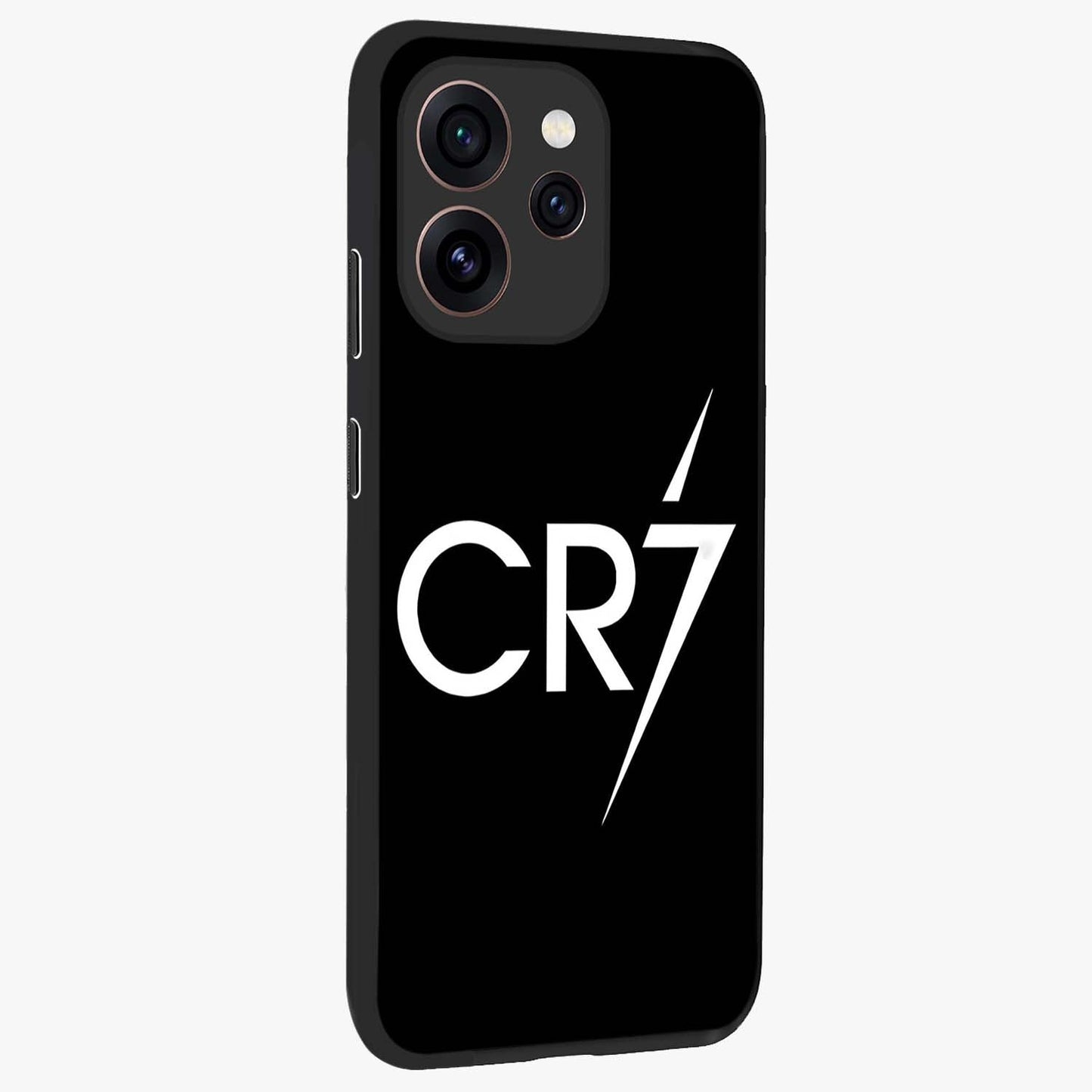 Cr7 Elite Strike Glass Case upright view showcasing energetic football inspired design with modern sports aesthetic.