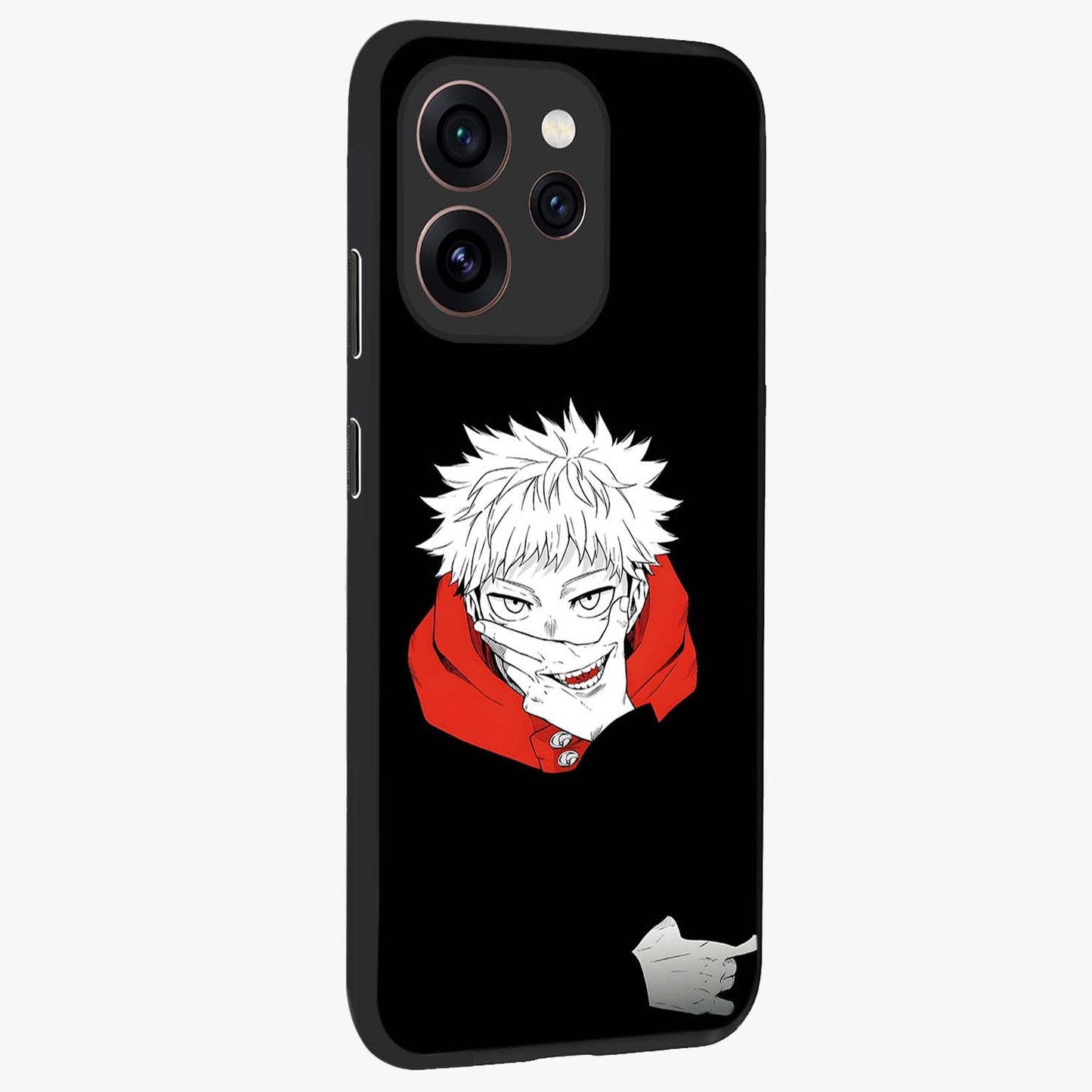 Crimson Chaos Smile Glass Case upright view showcasing expressive chaotic artwork with striking visual theme.