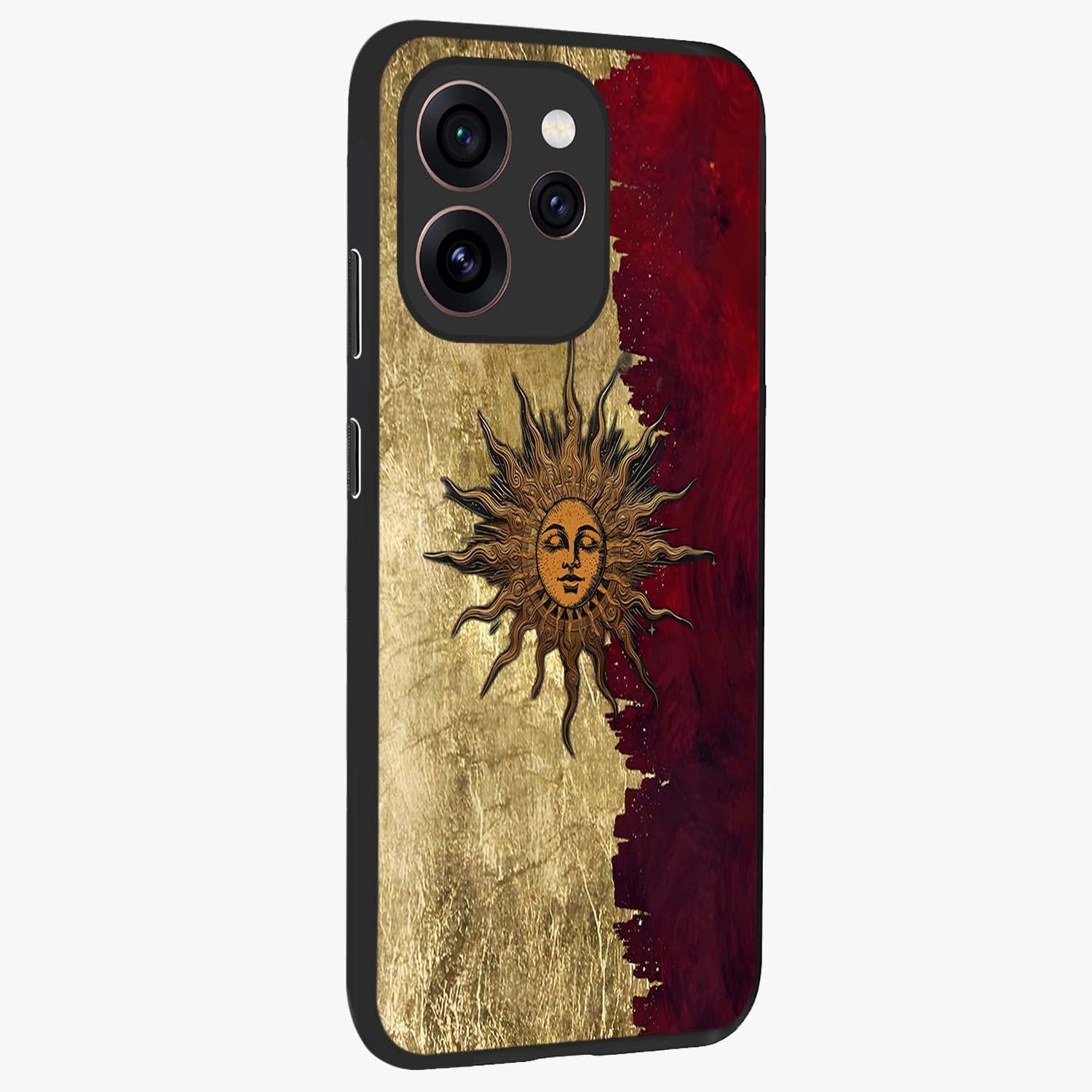 Crimson Sun Majesty Glass Case upright view showcasing vibrant sun artwork with powerful celestial theme.