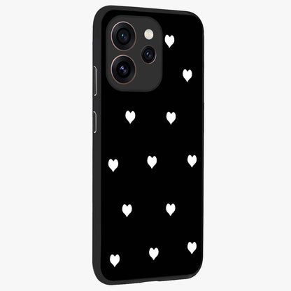 Cute And Simple White Hearts Glass Case upright view showcasing simple white hearts artwork with soft minimal theme.