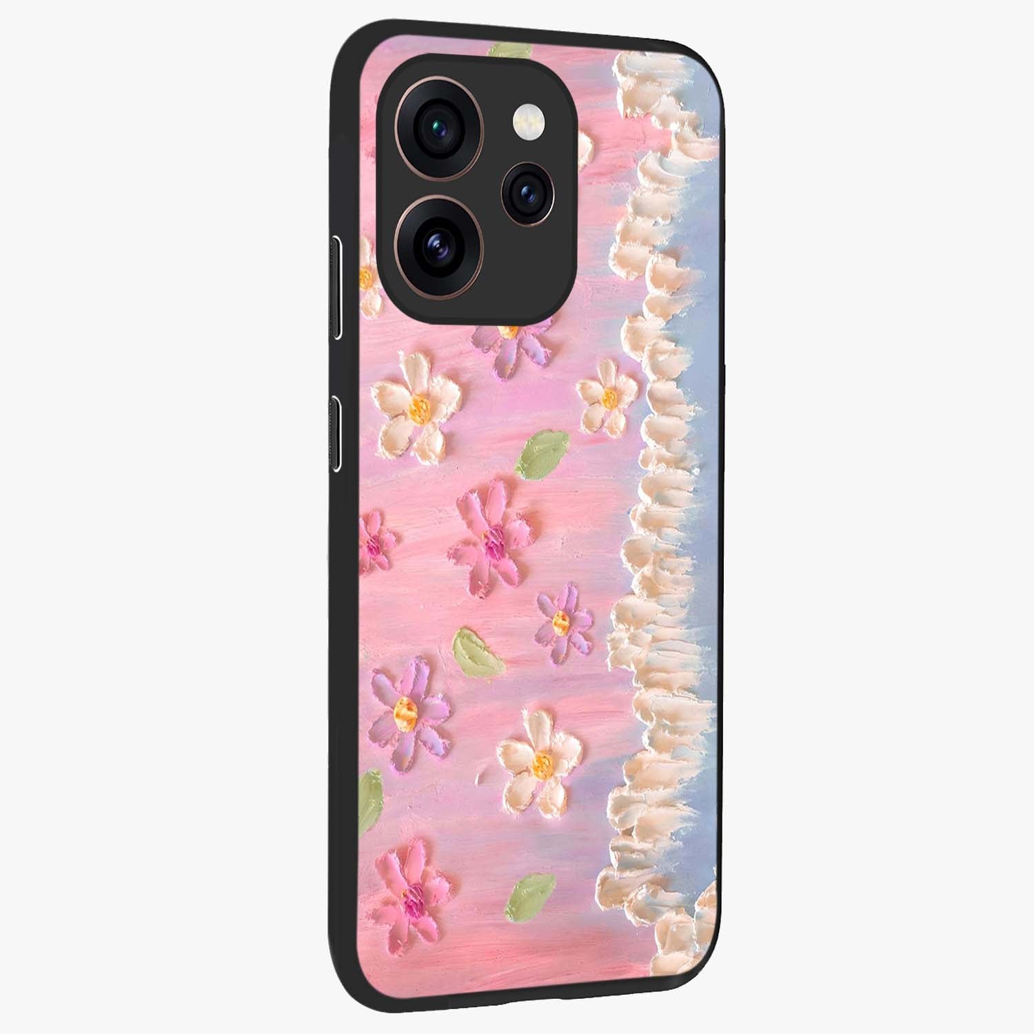 Dreamy Painted Garden Glass Case upright view showcasing vibrant floral garden artwork with artistic nature theme.
