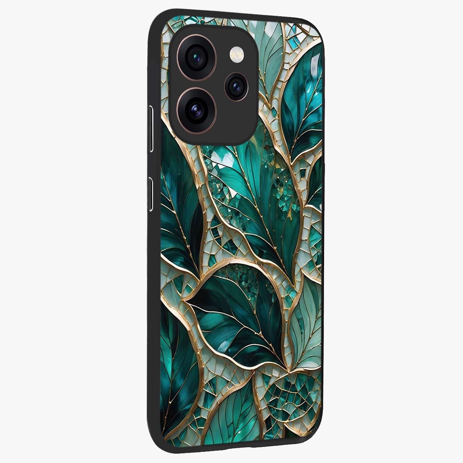 Emerald Leaf Glass Glass Case upright view showcasing fresh green leaf artwork with calming nature inspired style.