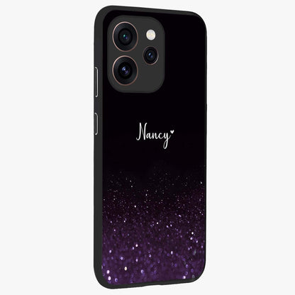 Glittery Purple Bokeh Custom Name Glass Case upright view showcasing vibrant purple sparkle artwork with personalized aesthetic style.