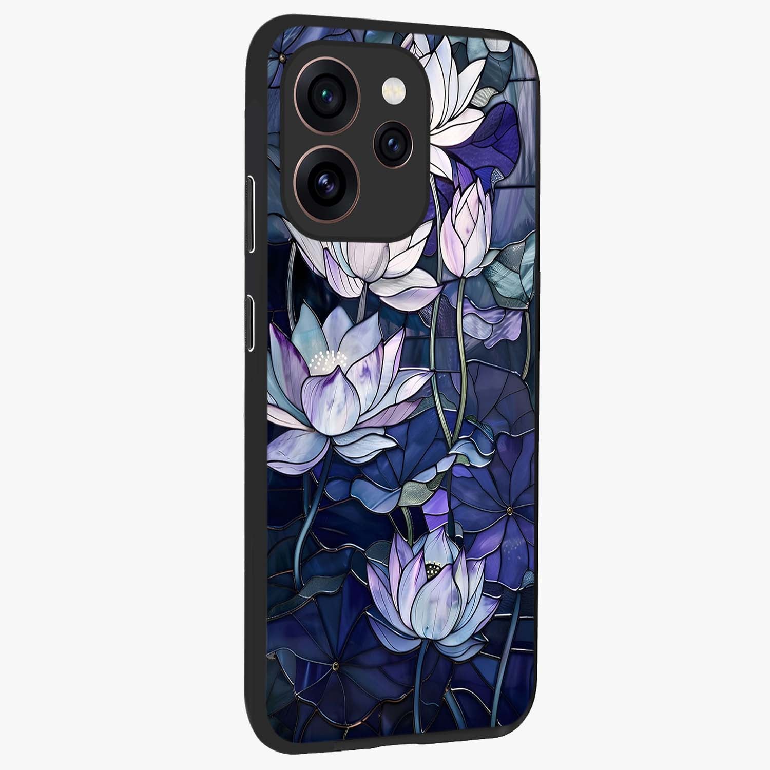 Gloss Petal Rush Glass Case upright view showcasing dynamic floral petal artwork with modern botanical theme.