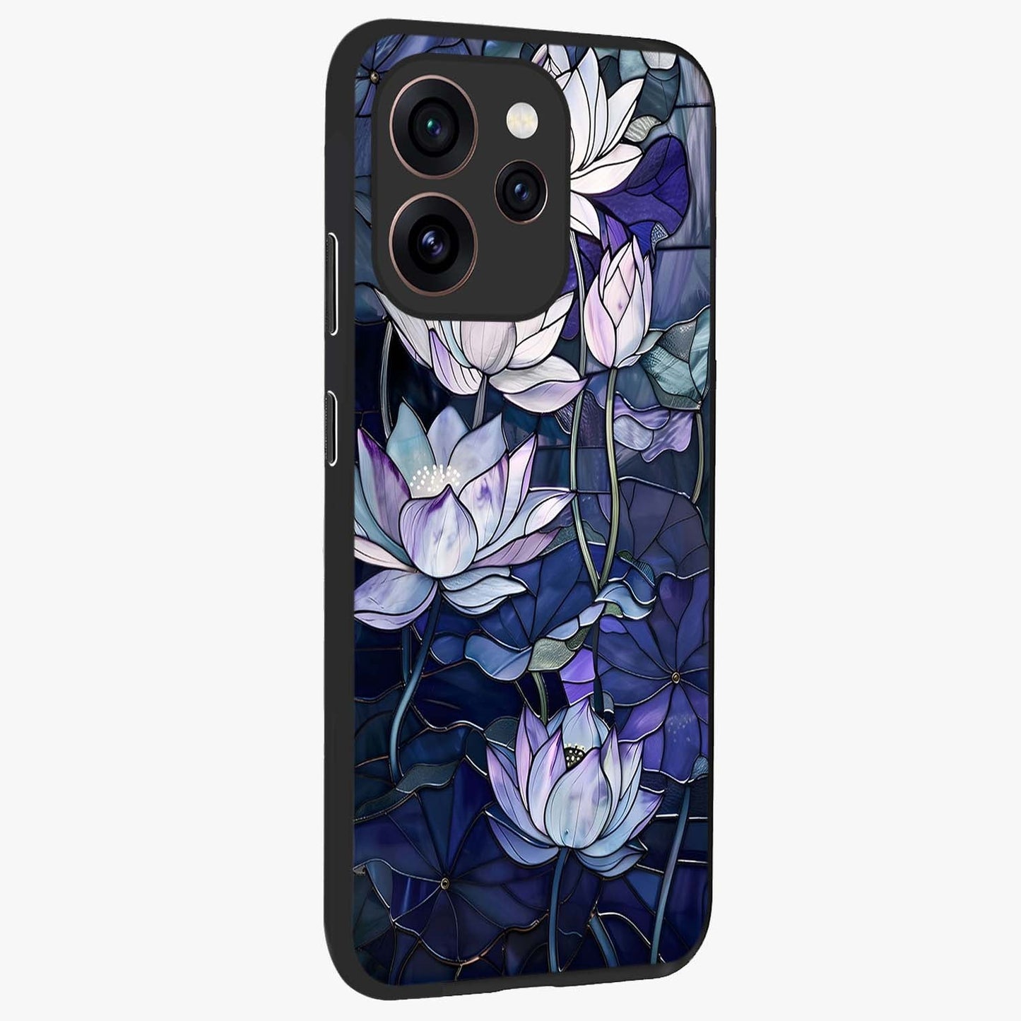 Gloss Petal Rush Glass Case upright view showcasing dynamic floral petal artwork with modern botanical theme.