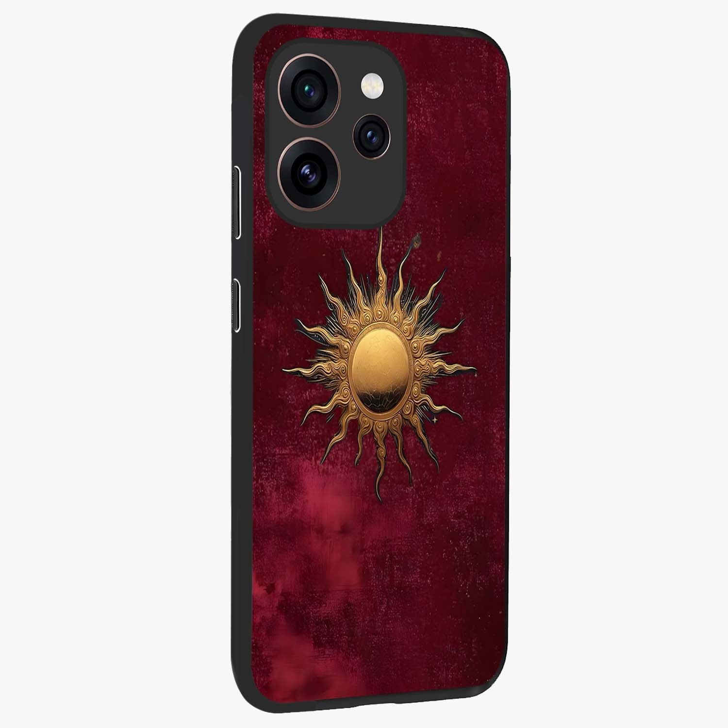 Golden Sun Minimalism Glass Case upright view showcasing simple golden sun artwork with elegant minimalist style.
