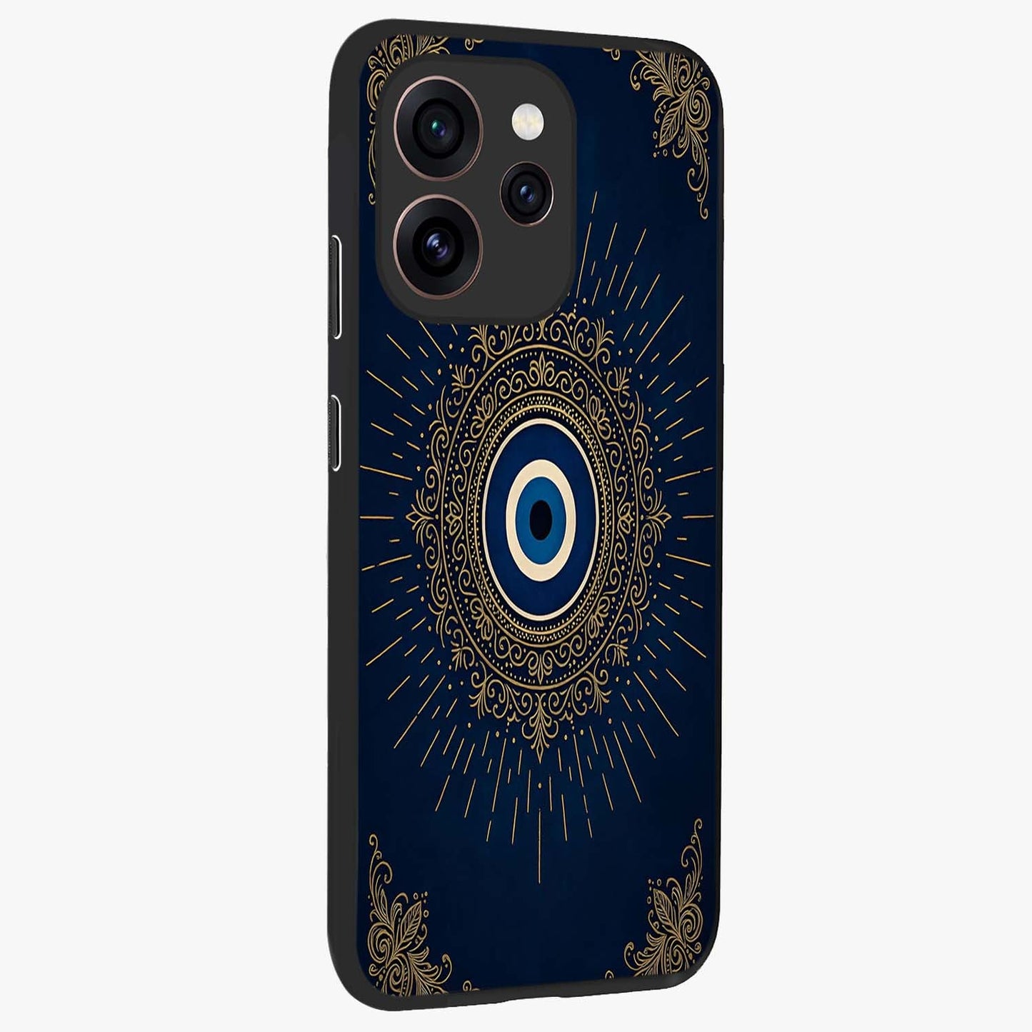 Golden Celestial Charm Glass Case upright view showcasing radiant celestial artwork with elegant golden theme.