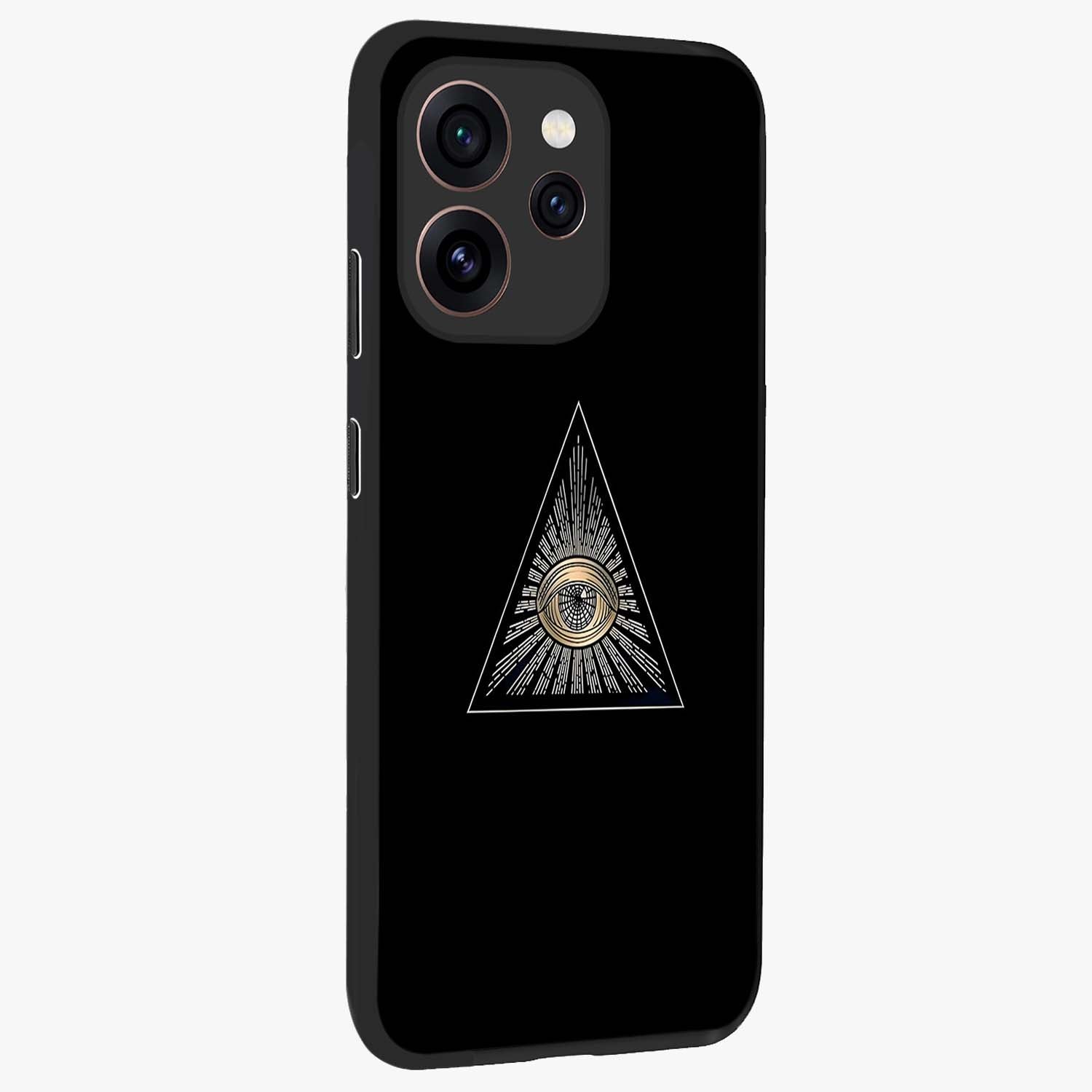Illuminati Evil Glass Case upright view showcasing striking illuminati artwork with mysterious symbolic theme.
