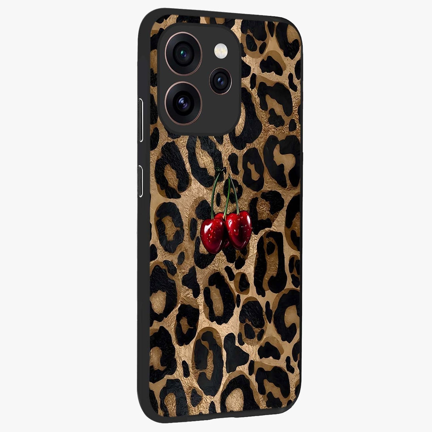 Leopard Wild Cherry Glass Case upright view showcasing stylish leopard pattern artwork with trendy fashion theme.