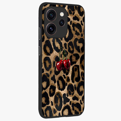 Leopard Wild Cherry Glass Case upright view showcasing stylish leopard pattern artwork with trendy fashion theme.