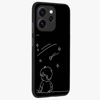 Line Art Boy With Shooting Stars Glass Case upright view showcasing artistic shooting star illustration with minimal style.