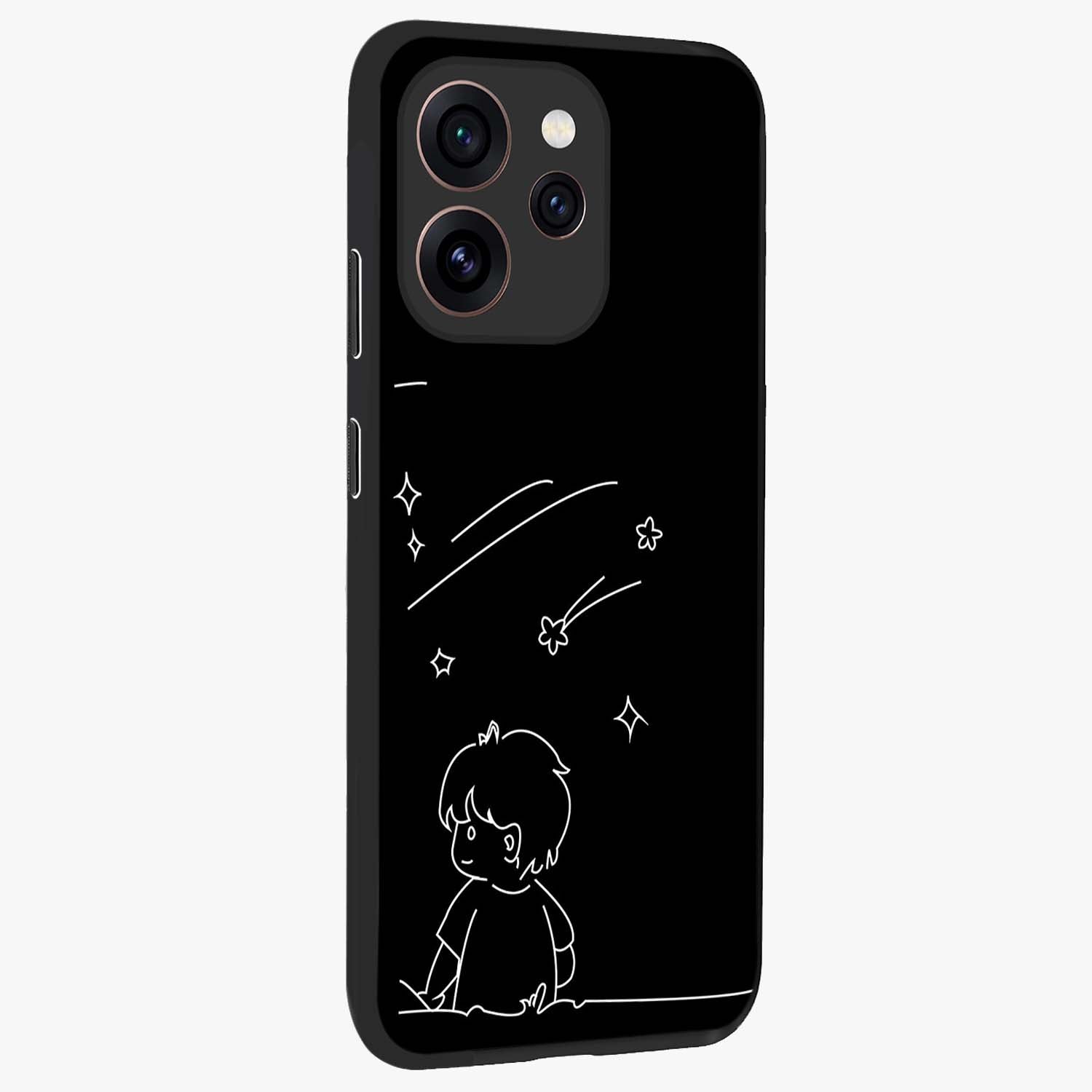 Line Art Boy With Shooting Stars Glass Case upright view showcasing artistic shooting star illustration with minimal style.