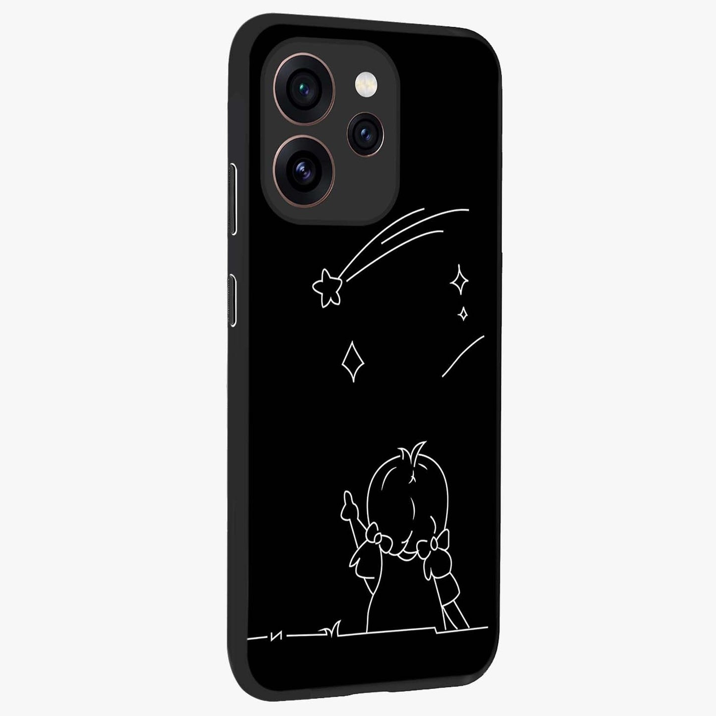 Line Art Girl With Shooting Stars Glass Case upright view showcasing delicate shooting stars artwork with minimal artistic theme.