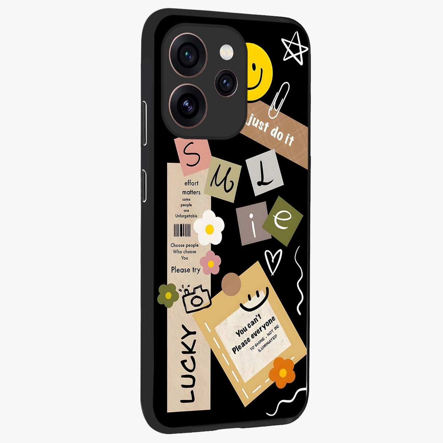 Lucky Aesthetic Collage Glass Case upright view showcasing vibrant collage artwork with youthful aesthetic theme.