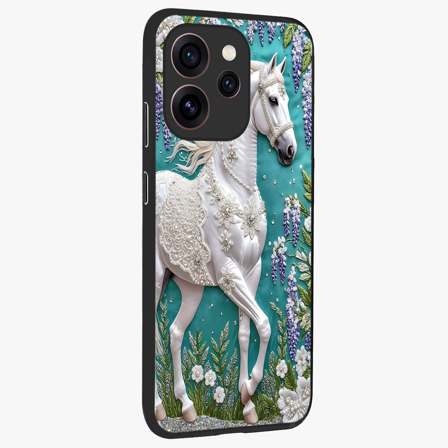 Majestic Floral Stallion Glass Case upright view showcasing dramatic horse artwork with decorative floral theme.