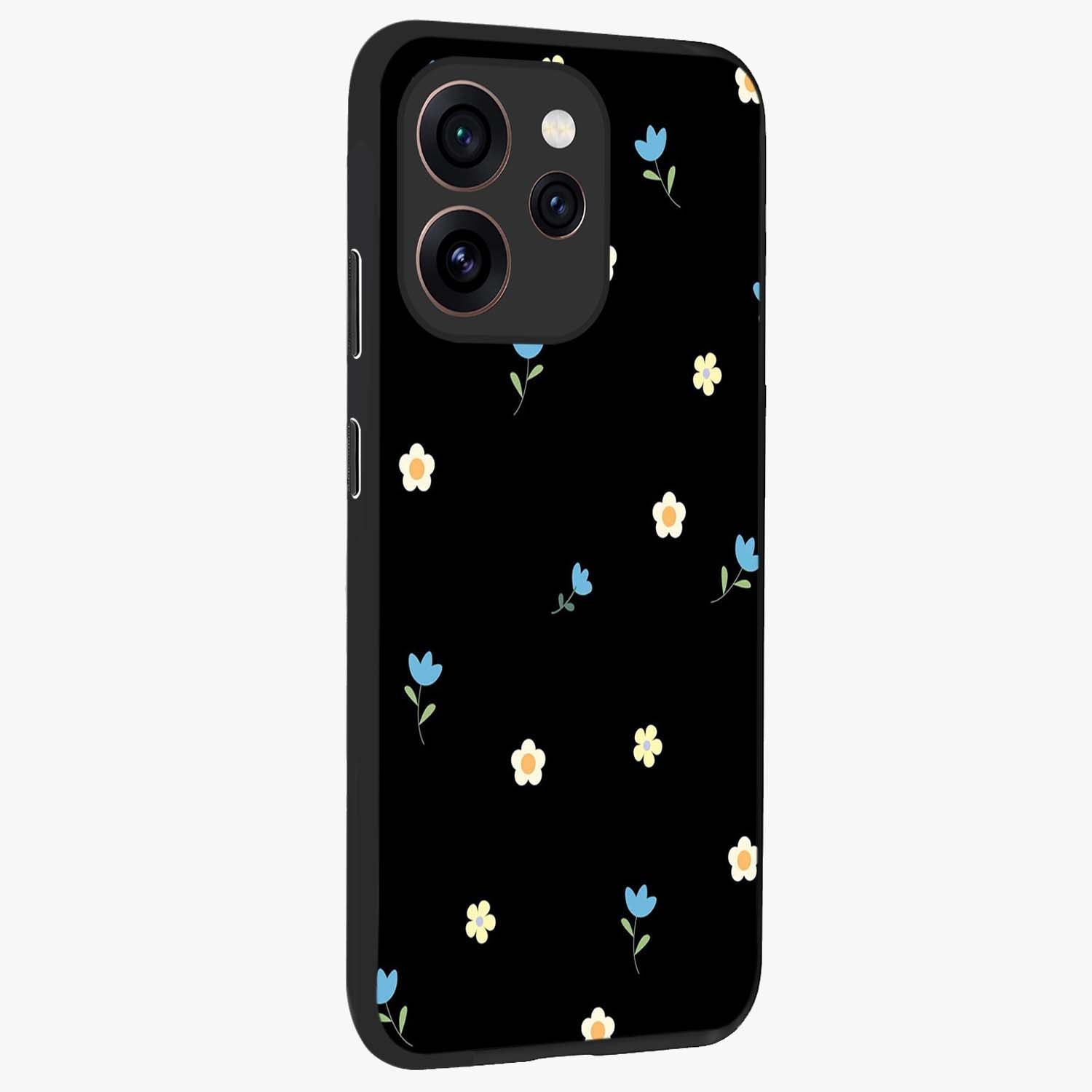 Minimal Petal Whispers Glass Case upright view showcasing elegant floral artwork with modern minimalist style.