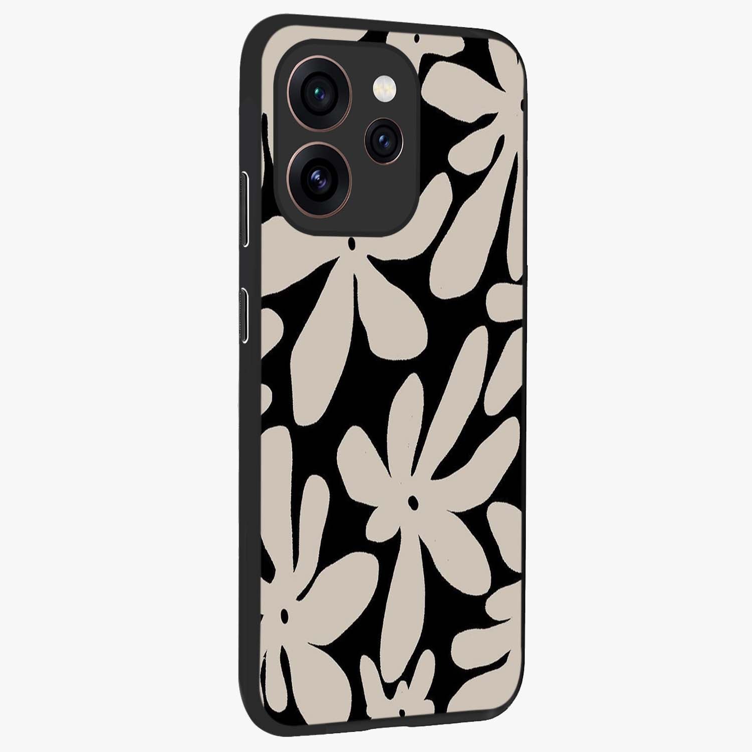 Monochrome Petal Dance Glass Case upright view showcasing artistic floral pattern with stylish monochrome theme.