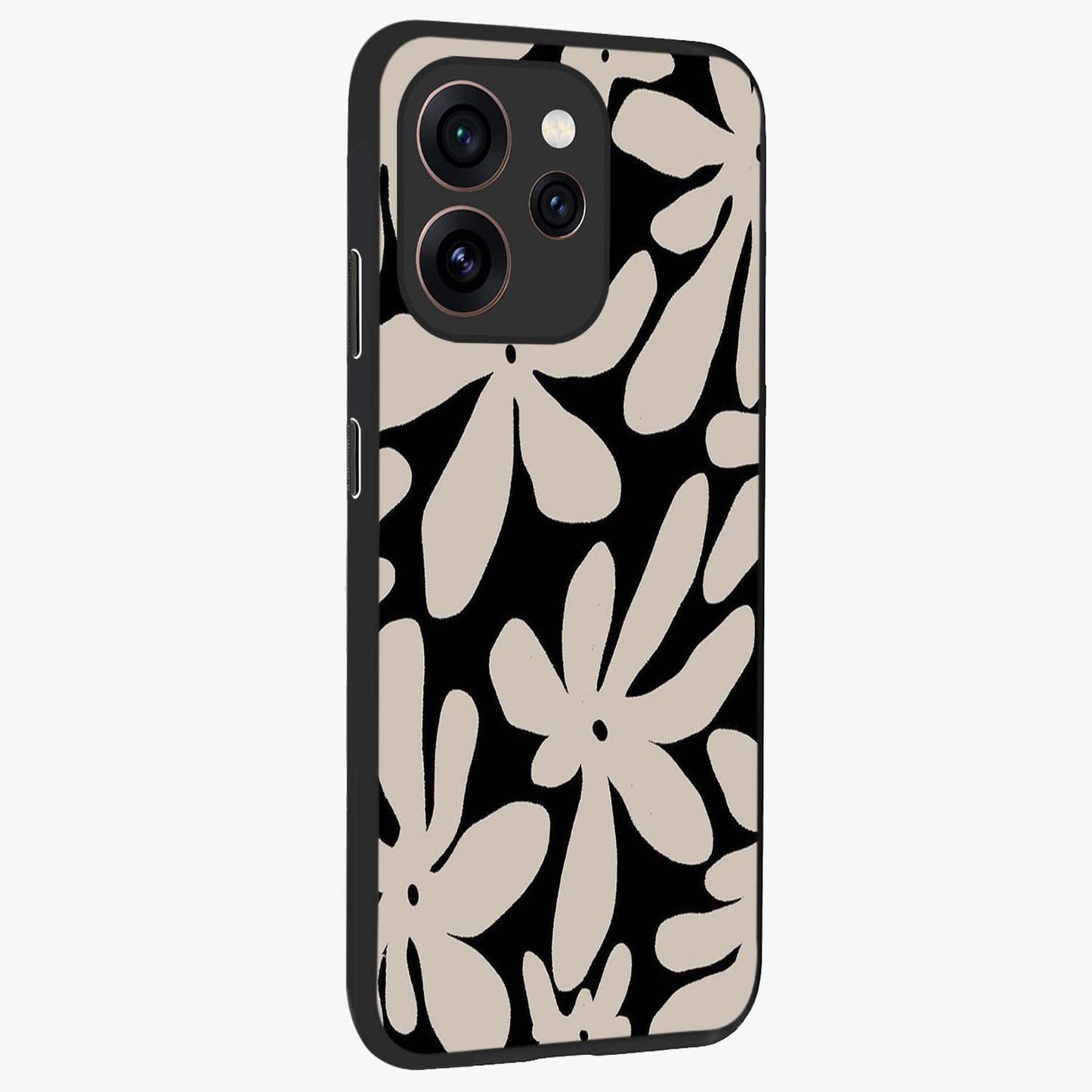 Monochrome Petal Dance Glass Case upright view showcasing artistic floral pattern with stylish monochrome theme.