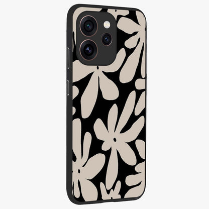 Monochrome Petal Dance Glass Case upright view showcasing artistic floral pattern with stylish monochrome theme.