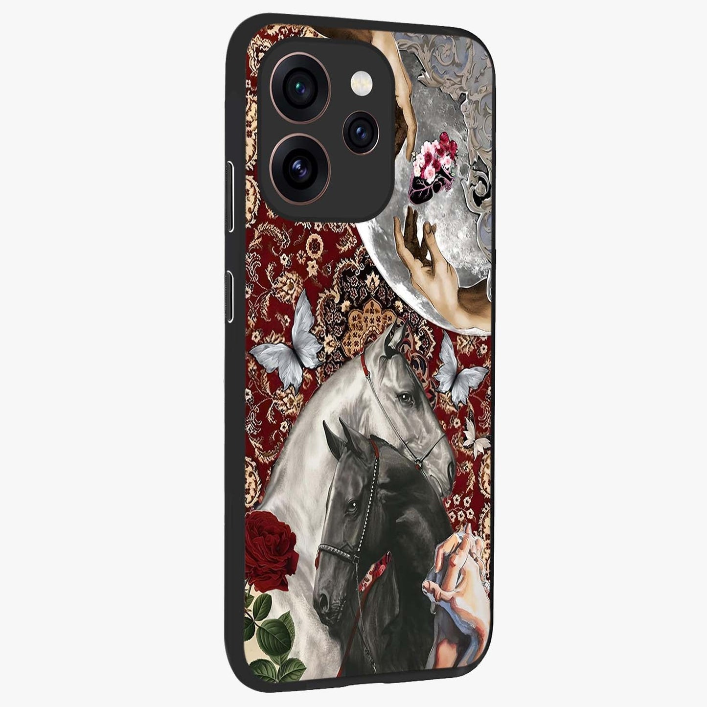 Moonlit Royal Stallion Glass Case upright view showcasing dramatic horse artwork with glowing moon themed design.