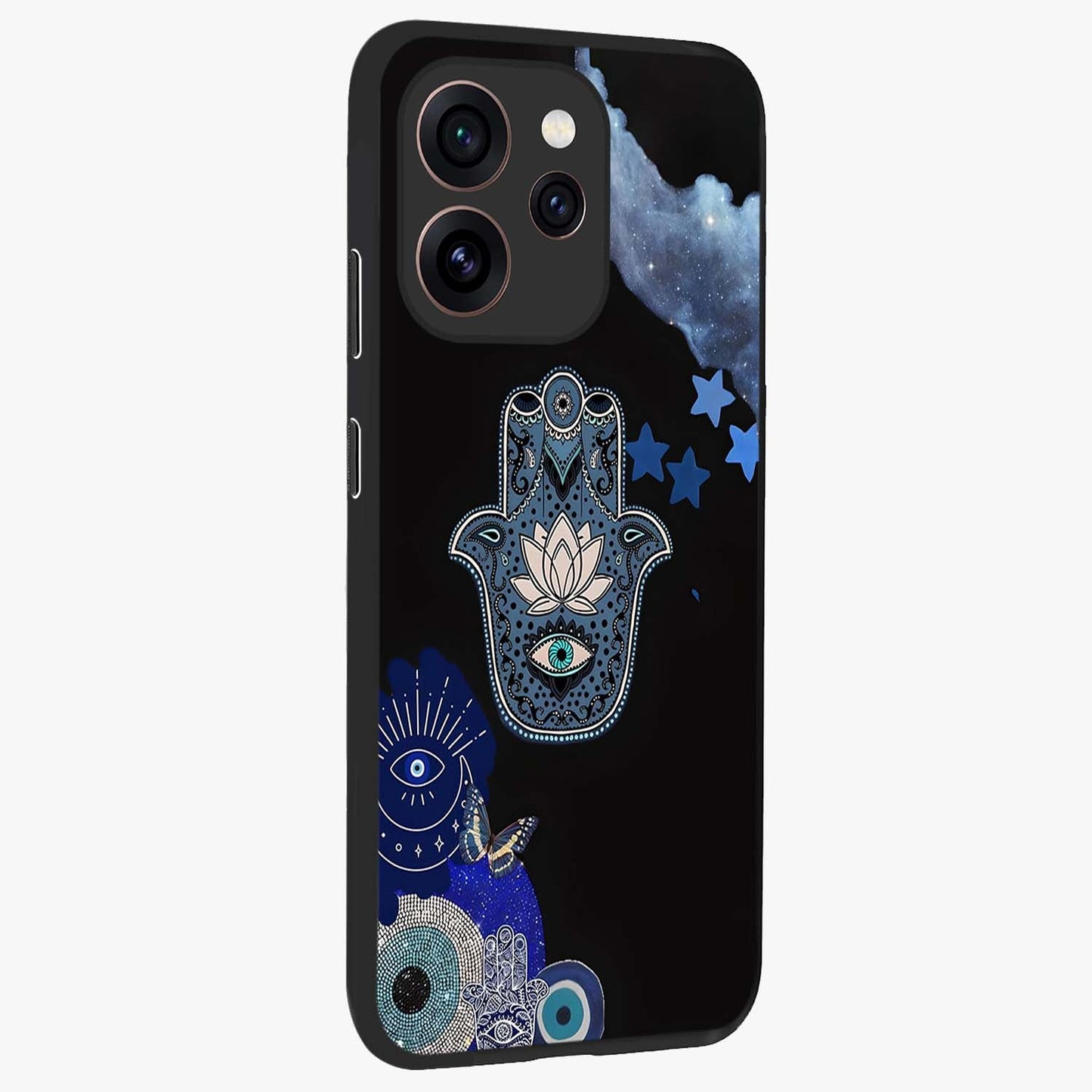 Mystic Hand Aura Glass Case upright view showcasing symbolic hand artwork with mystical energy theme.