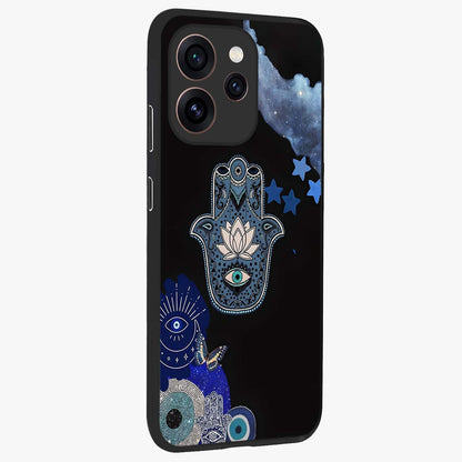 Mystic Hand Aura Glass Case upright view showcasing symbolic hand artwork with mystical energy theme.