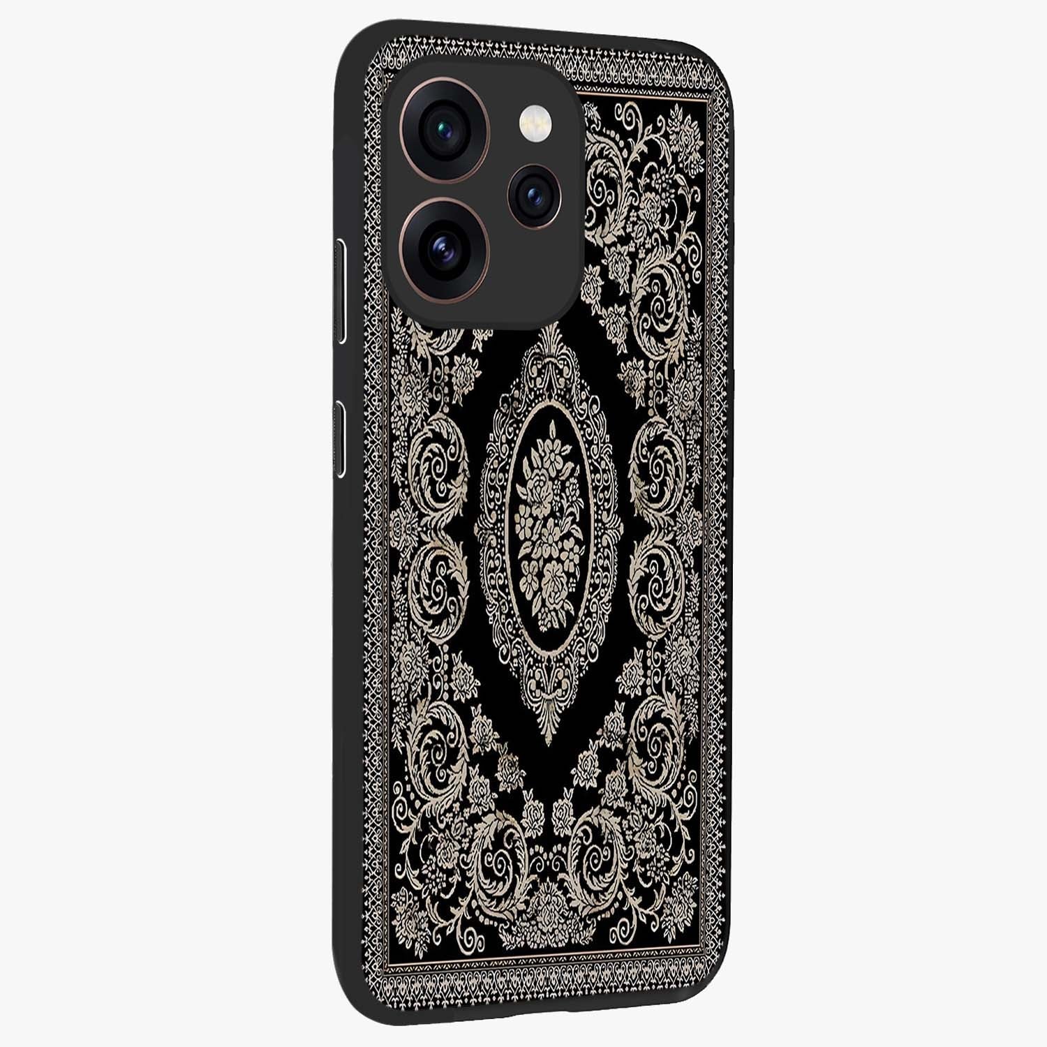 Noir Bloom Elegance Glass Case upright view showcasing graceful floral artwork with luxurious dark theme.