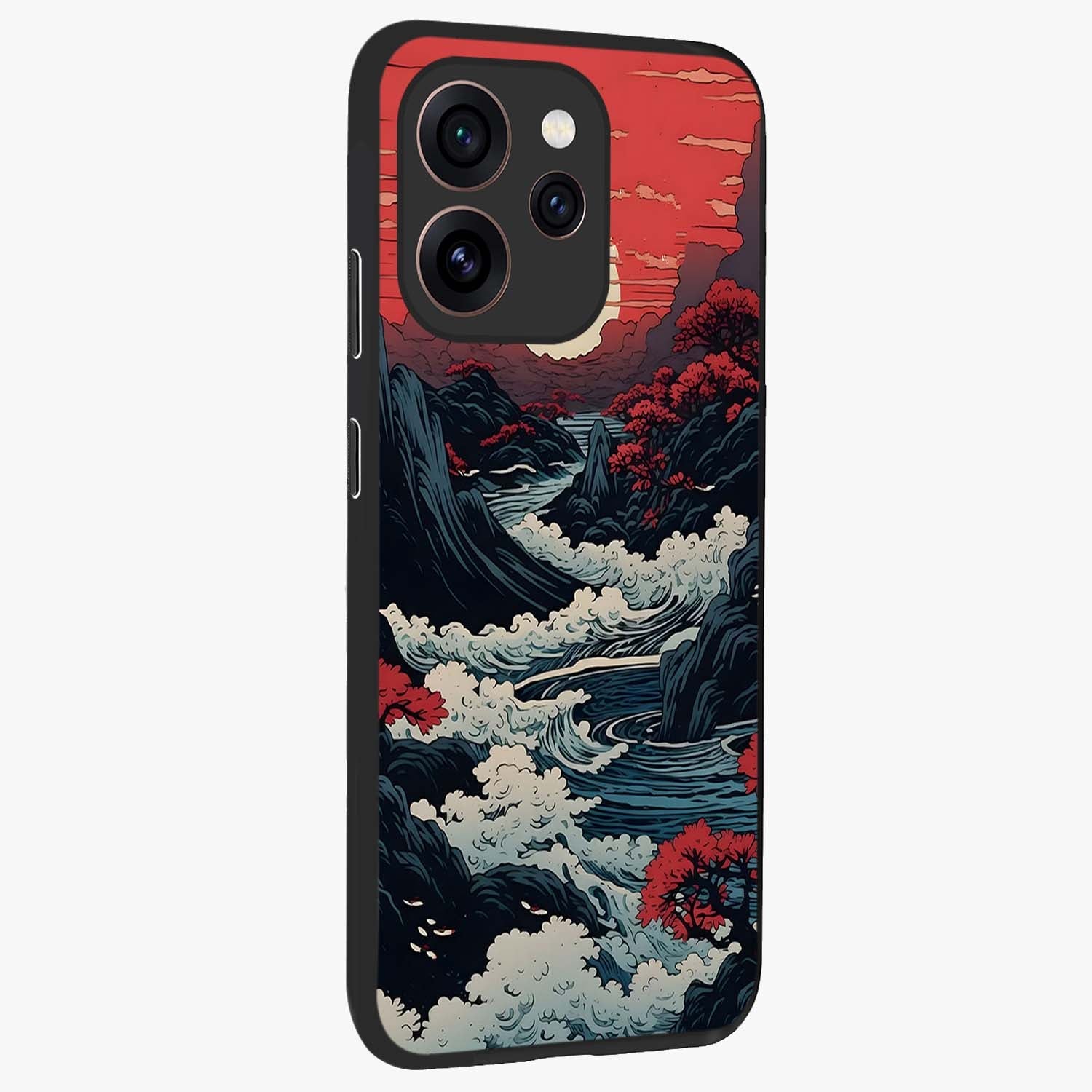 Red Sunset Scenery Glass Case upright view showcasing dramatic sunset scenery artwork with warm nature theme.