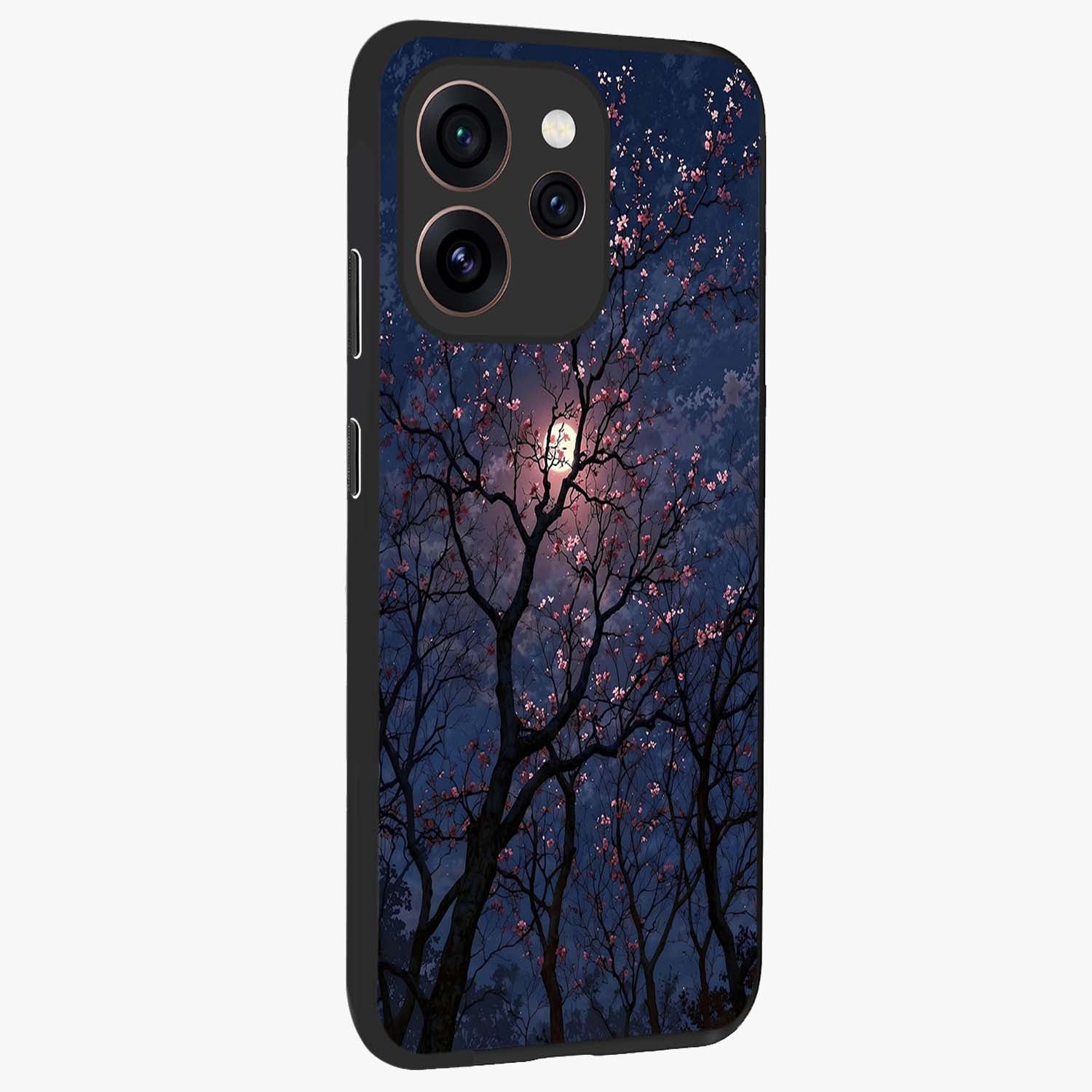 Twilight Sakura Serenade Glass Case upright view showcasing beautiful cherry blossom artwork with serene evening theme.