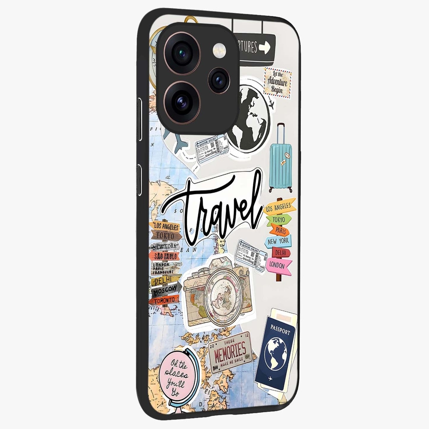 Wanderlust Journal Glass Case upright view showcasing wanderlust inspired artwork with creative exploration theme.