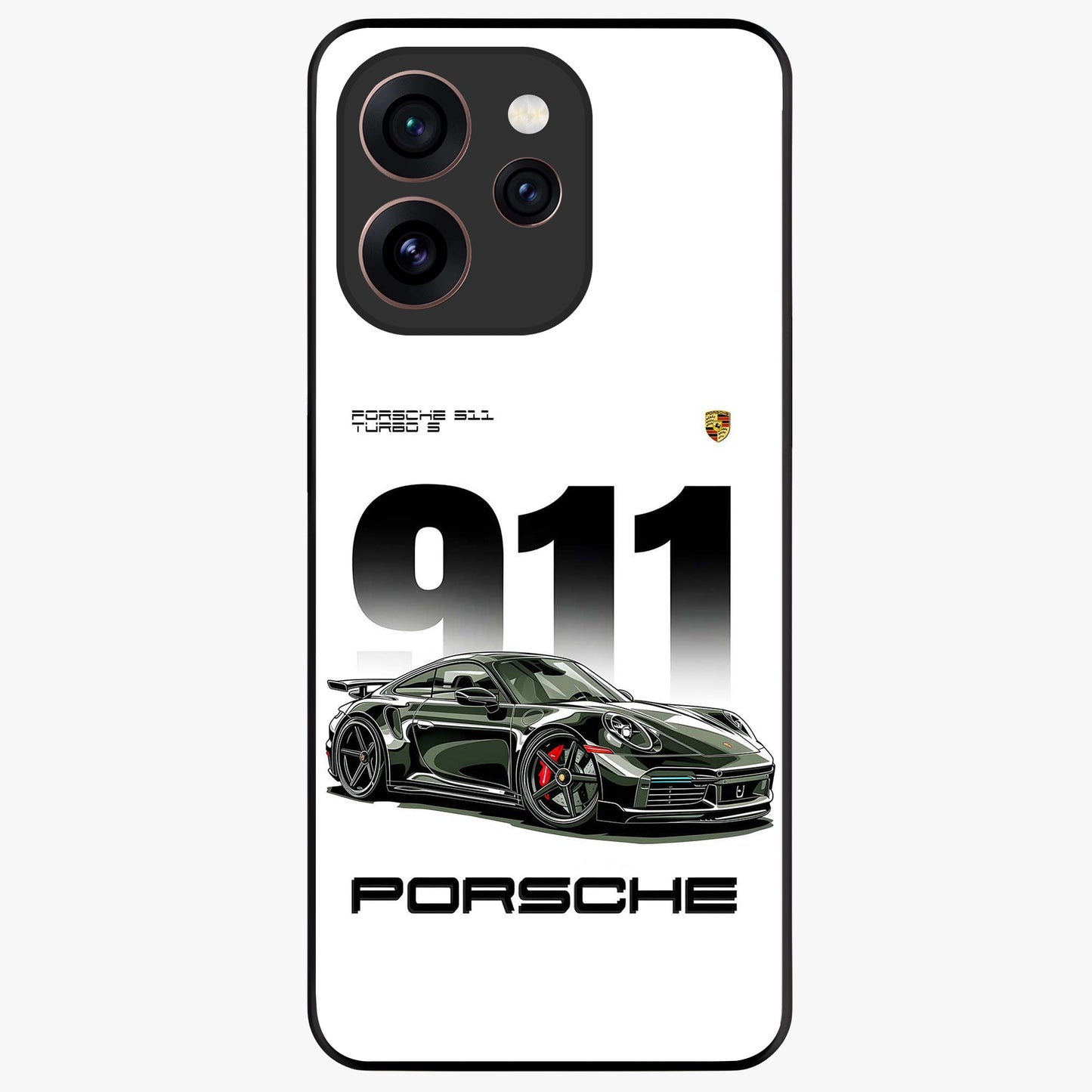 911 Turbo Dominance Glass Case showing clean flat back view with bold 911 sports car artwork and glossy glass finish.