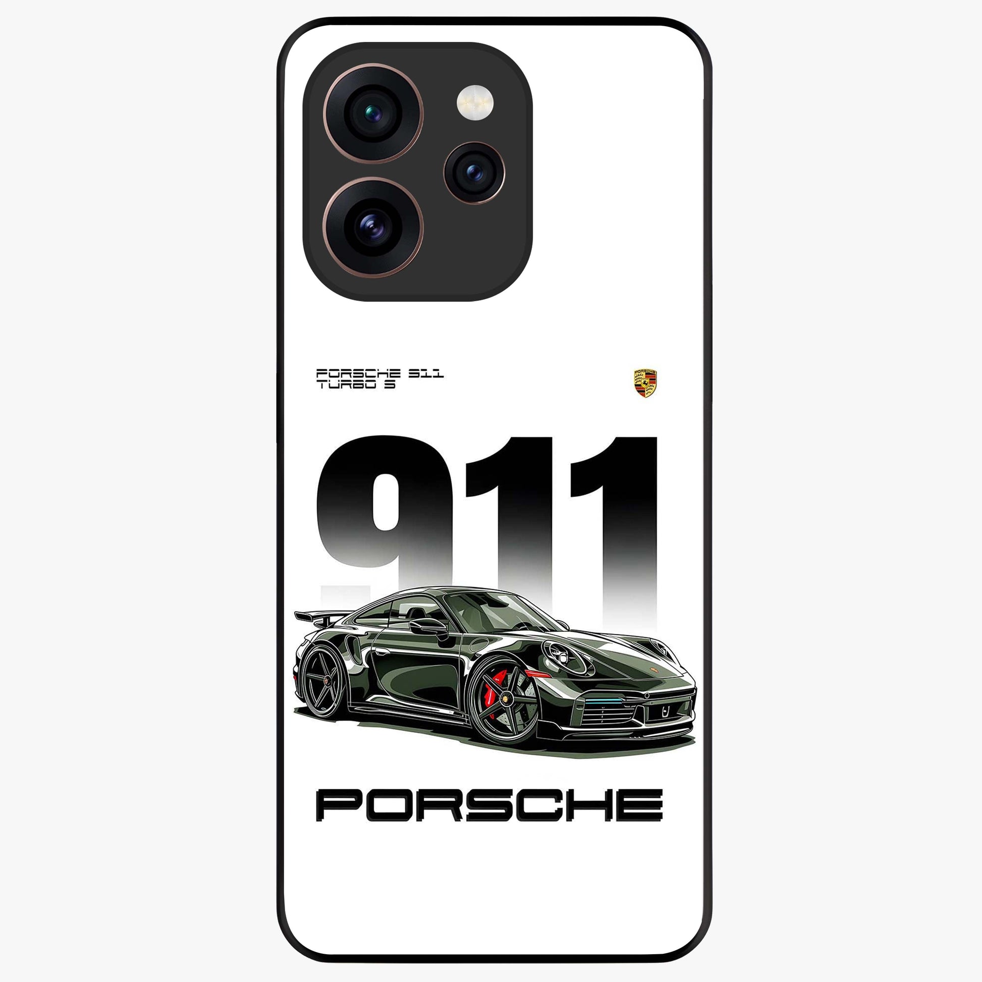 911 Turbo Dominance Glass Case showing clean flat back view with bold 911 sports car artwork and glossy glass finish.