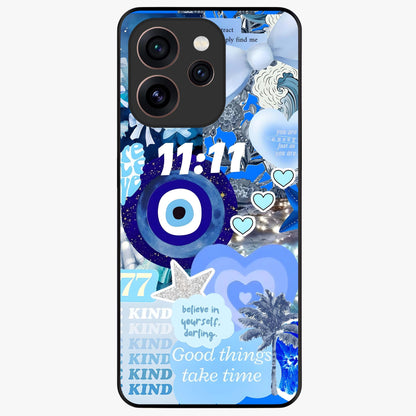 Aesthetic Be Kind Eye Glass Case showing flat back view with motivational eye artwork and glossy glass finish.