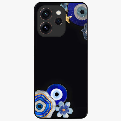 Aesthetic Blue Evil Eye Glass Case showing flat back view with protective evil eye artwork and glossy glass finish.