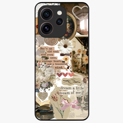 Aesthetic Brown Vintage Collage Glass Case showing flat back view with retro collage artwork and glossy glass finish.