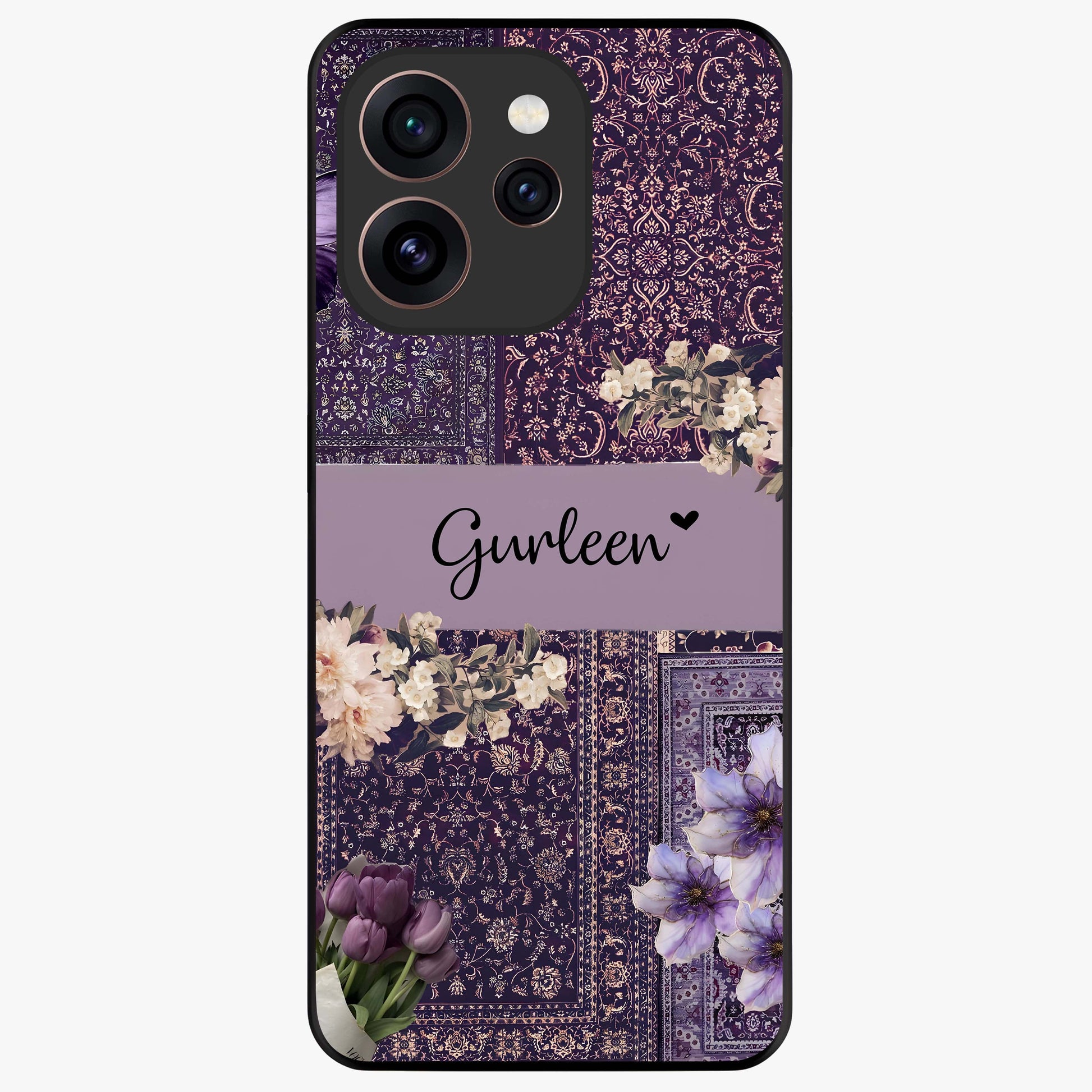 Antique Floral Whisper Custom Name Glass Case showing flat back view with vintage floral artwork and personalized name design.