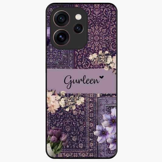 Antique Floral Whisper Custom Name Glass Case showing flat back view with vintage floral artwork and personalized name design.