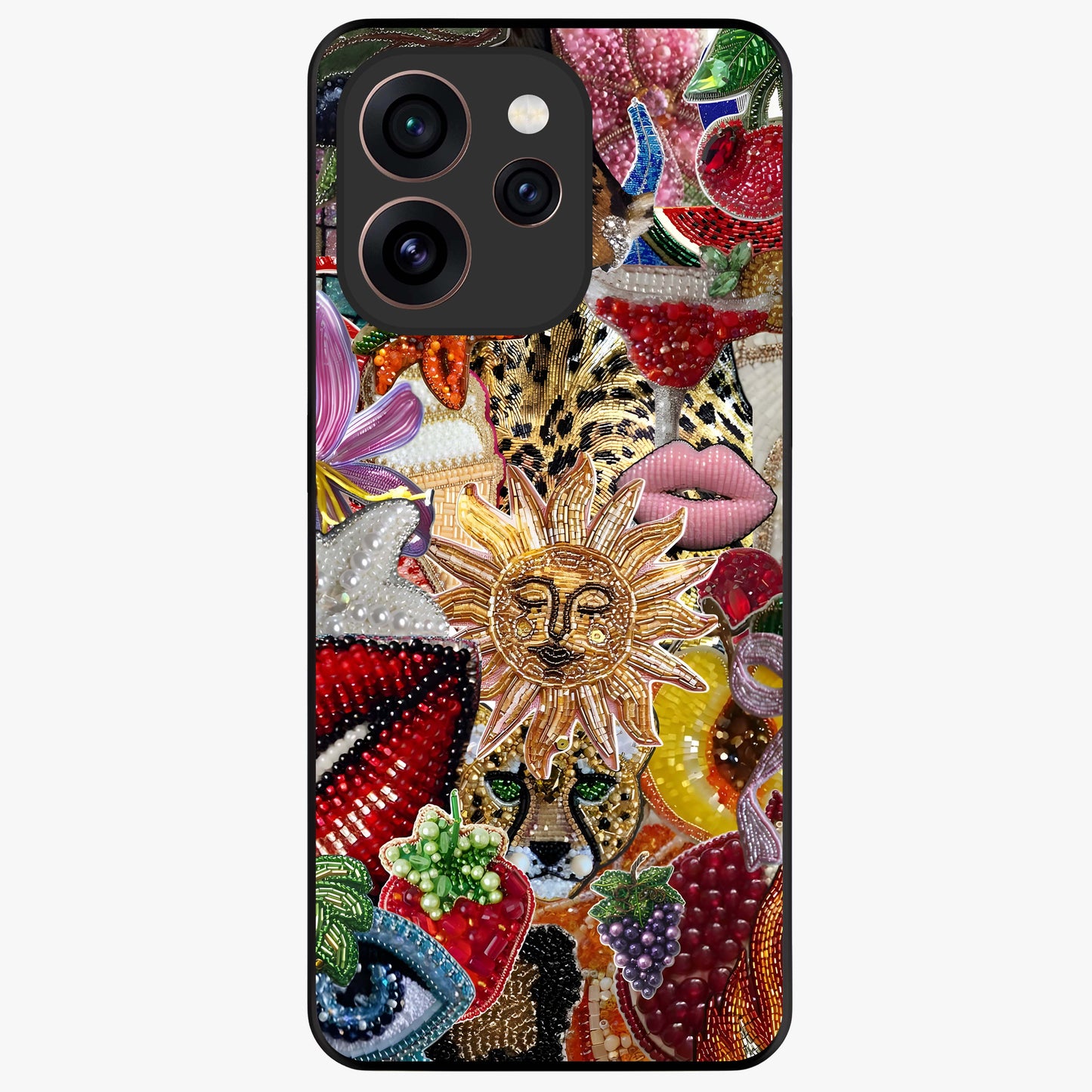 Beaded Fashion Jungle Glass Case showing flat back view with vibrant jungle inspired bead artwork and glossy glass finish.
