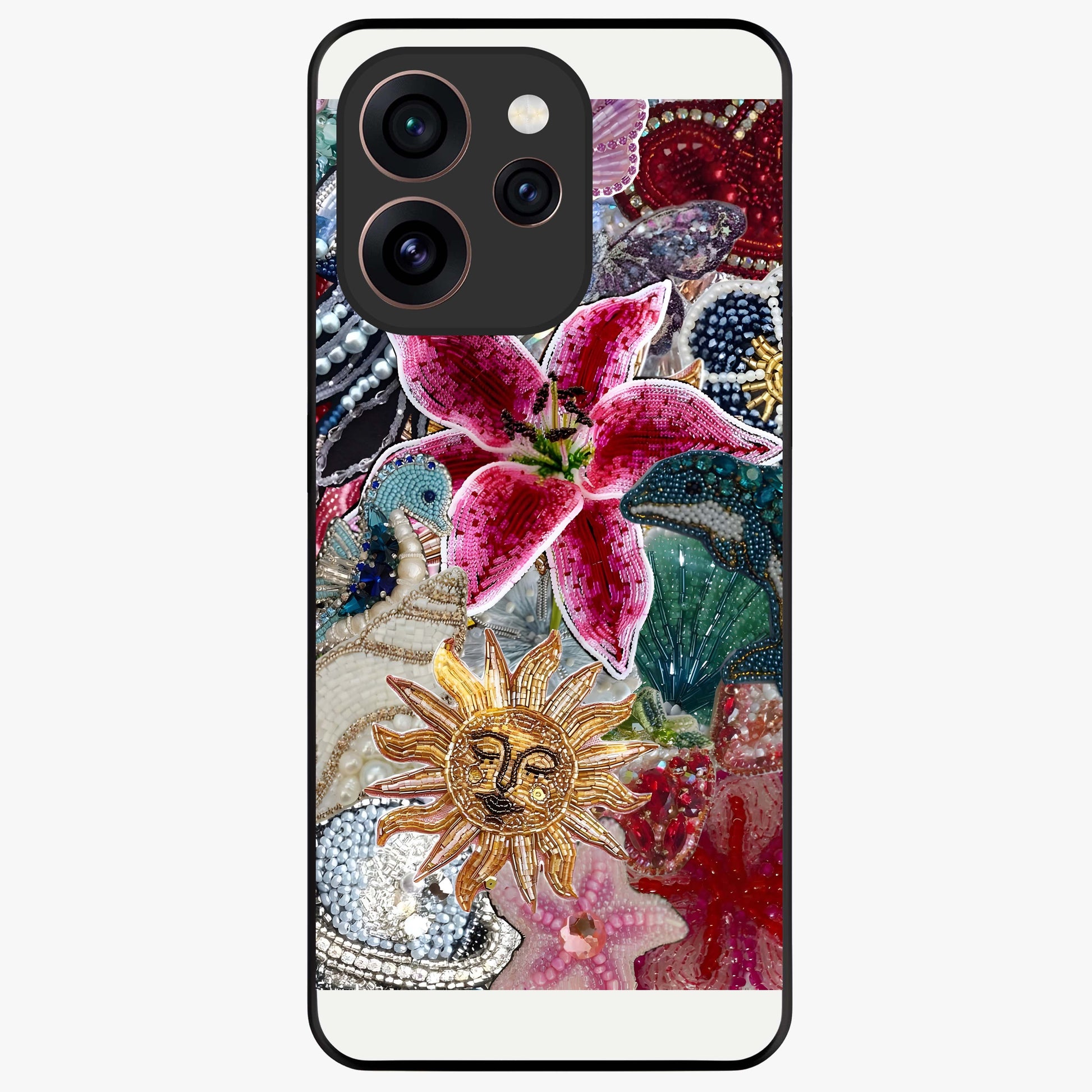 Beaded Garden Fantasy Glass Case showing flat back view with dreamy garden bead artwork and glossy glass finish.